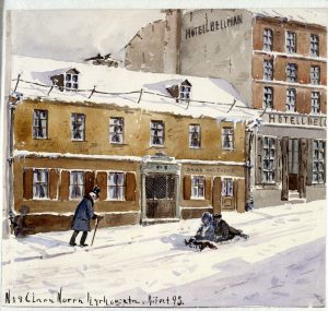 Klara Norra Kyrkogata 8. Watercolor by Fritz Lindvall.