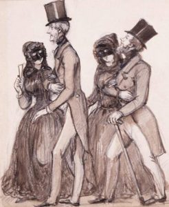 Sketch of couples on their way to a masquerade ball. Fritz von Dardel 1842.