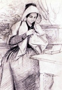 A woman sewing. Drawing by Fritz von Dardel 1845.